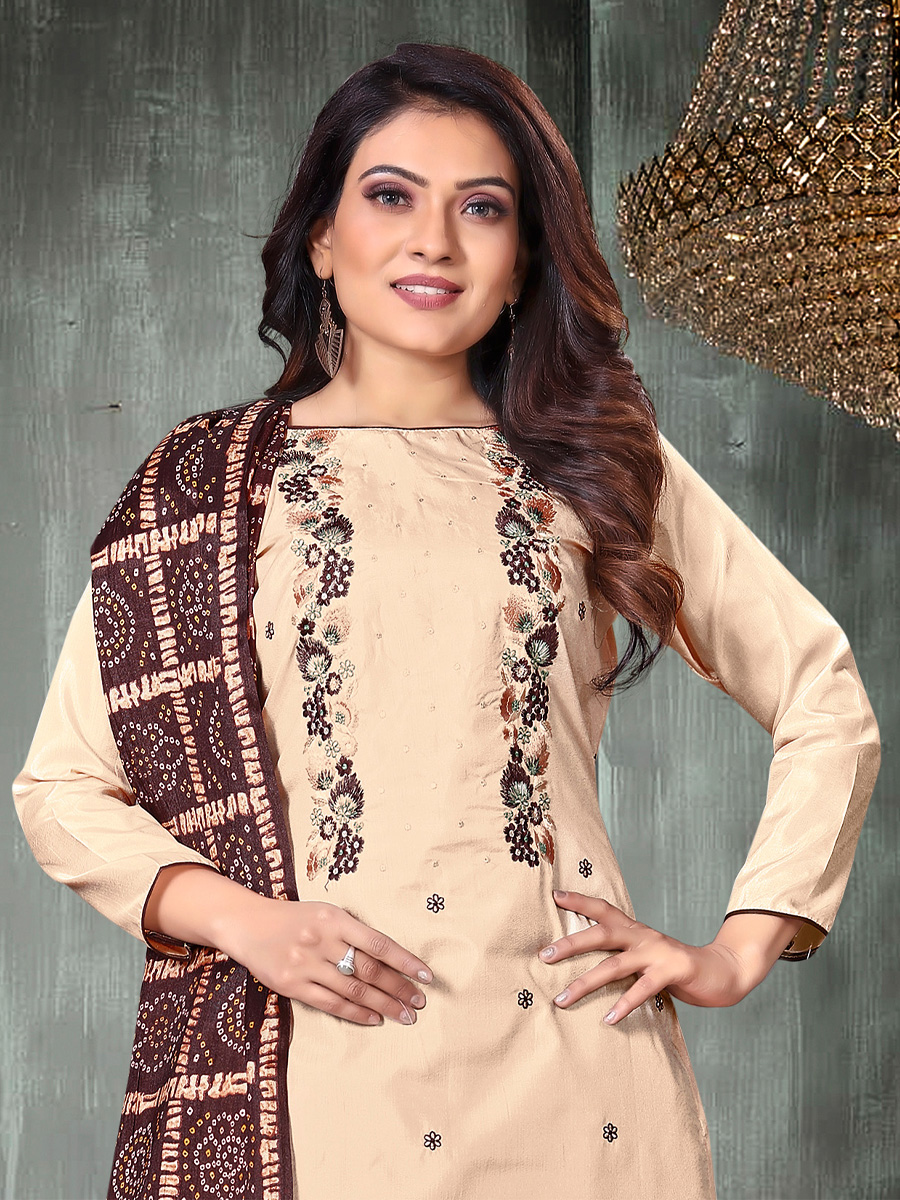 Beige Prampara Silk Printed Casual Festival Pant Salwar Kameez