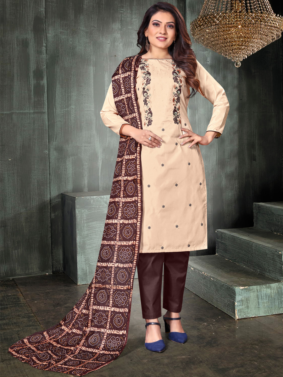 Beige Prampara Silk Printed Casual Festival Pant Salwar Kameez