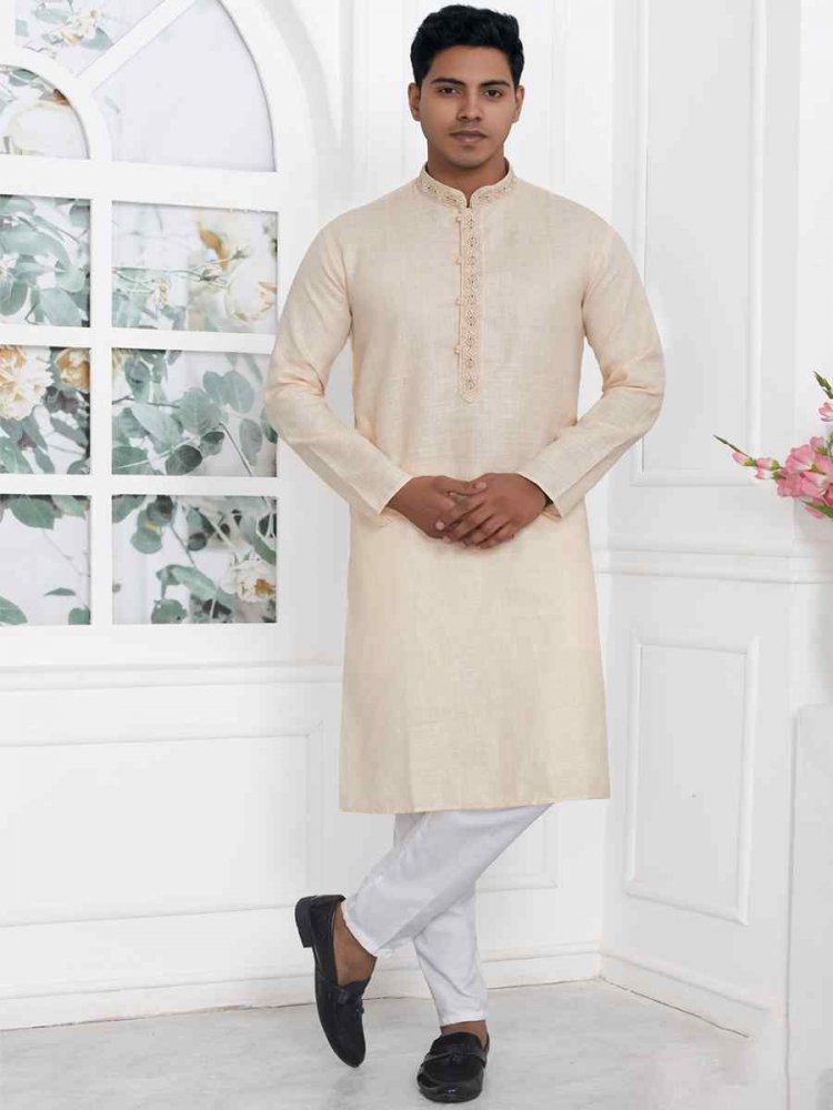 Beige Premium Linen Cotton Printed Festival Casual Kurta