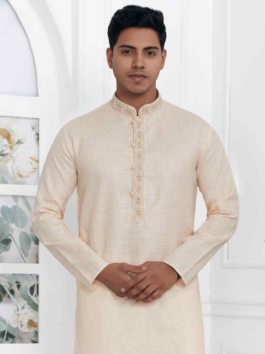 Beige Premium Linen Cotton Printed Festival Casual Kurta