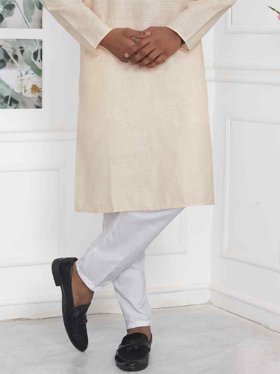 Beige Premium Linen Cotton Printed Festival Casual Kurta