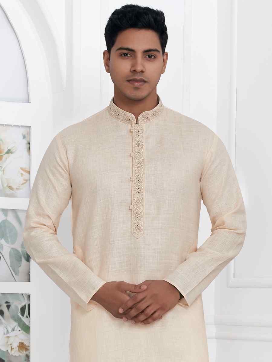 Beige Premium Linen Cotton Printed Festival Casual Kurta