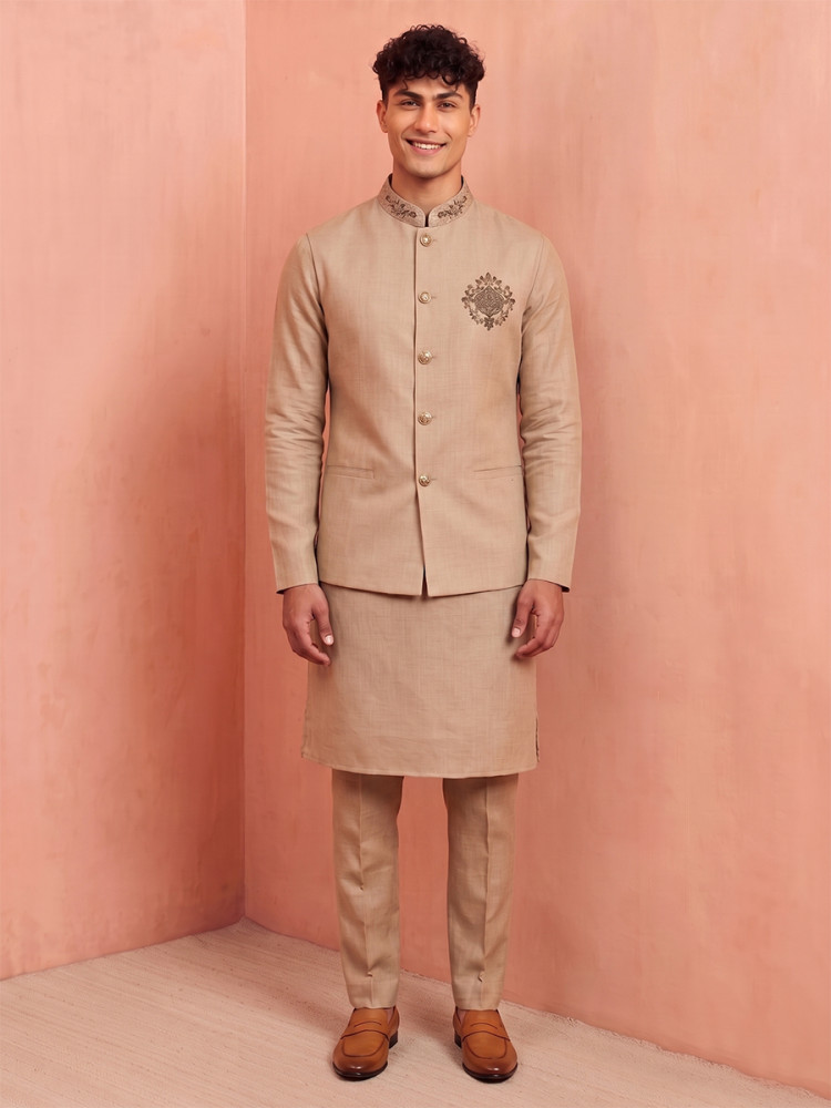 Image of Beige Premium Linen Embroidery Festival Wedding Party Mens Kurta with Jacket