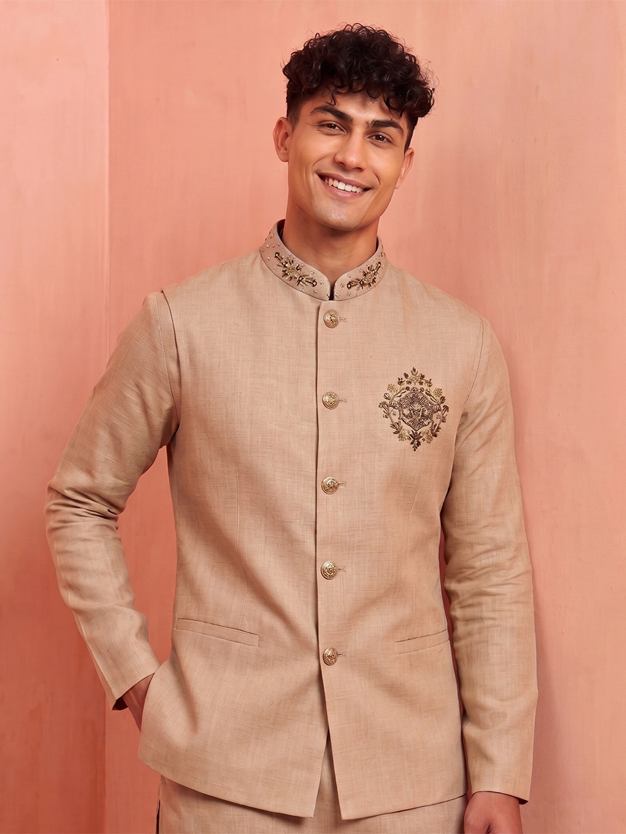 Beige Premium Linen Embroidery Festival Wedding Party Mens Kurta with Jacket
