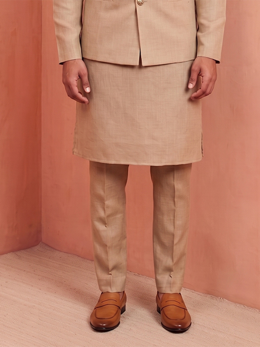 Beige Premium Linen Embroidery Festival Wedding Party Mens Kurta with Jacket