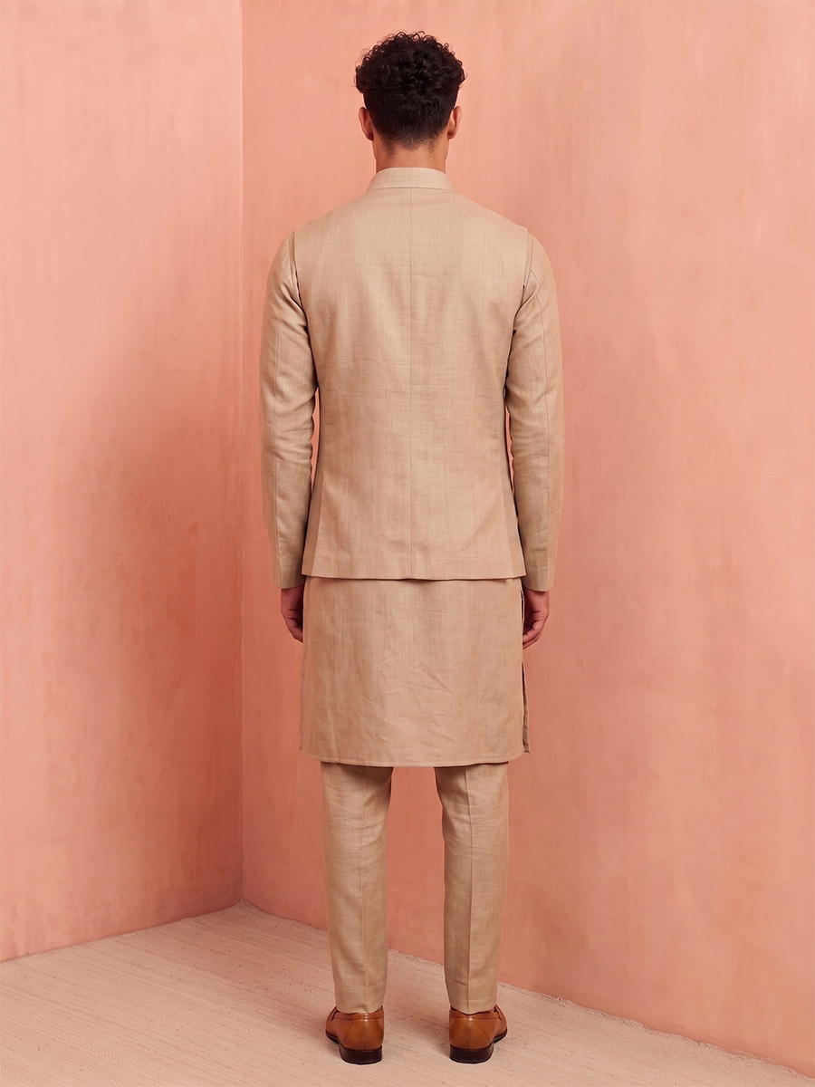 Beige Premium Linen Embroidery Festival Wedding Party Mens Kurta with Jacket