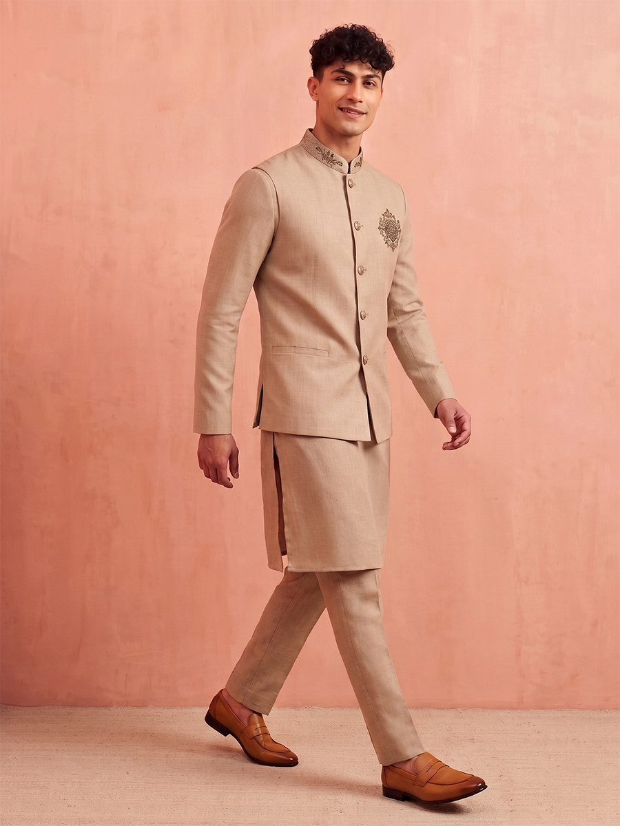Beige Premium Linen Embroidery Festival Wedding Party Mens Kurta with Jacket