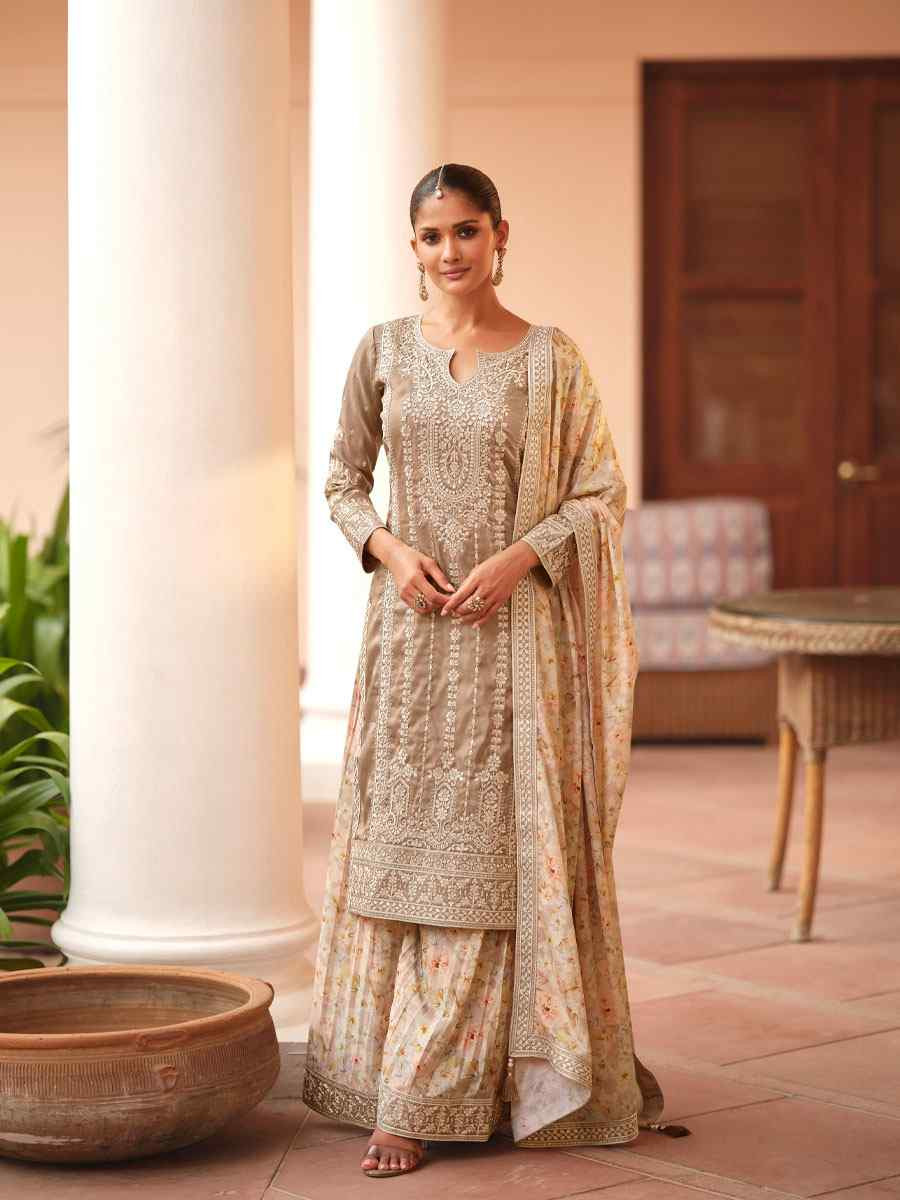 Beige Premium Simar Silk Embroidery Party Wedding Festival Casual Ready Palazzo Pant Salwar Kameez