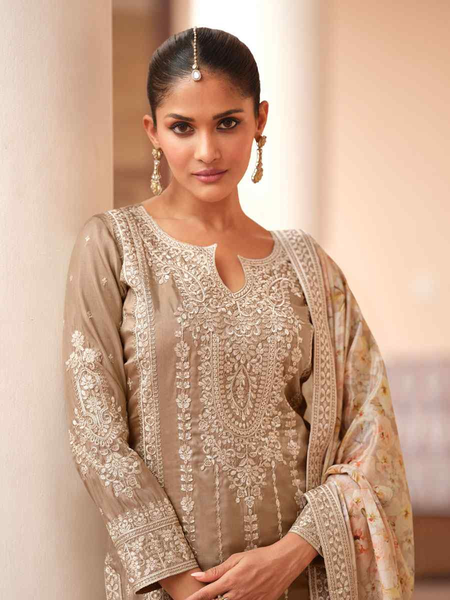 Beige Premium Simar Silk Embroidery Party Wedding Festival Casual Ready Palazzo Pant Salwar Kameez