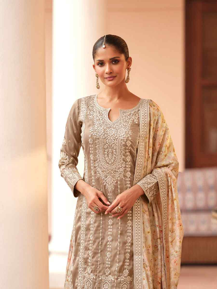 Beige Premium Simar Silk Embroidery Party Wedding Festival Casual Ready Palazzo Pant Salwar Kameez