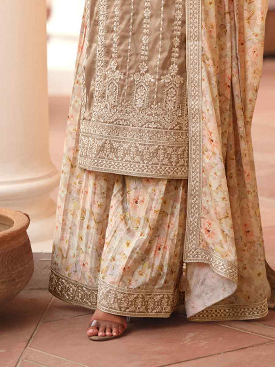 Beige Premium Simar Silk Embroidery Party Wedding Festival Casual Ready Palazzo Pant Salwar Kameez