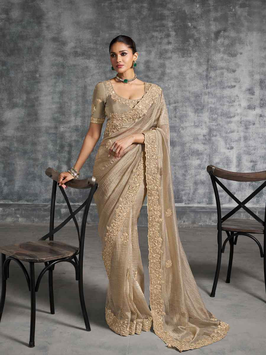 Beige Premium Tissue Silk Embroidery Traditional Casual Reception Festival Wedding Fancy Heavy Border Saree