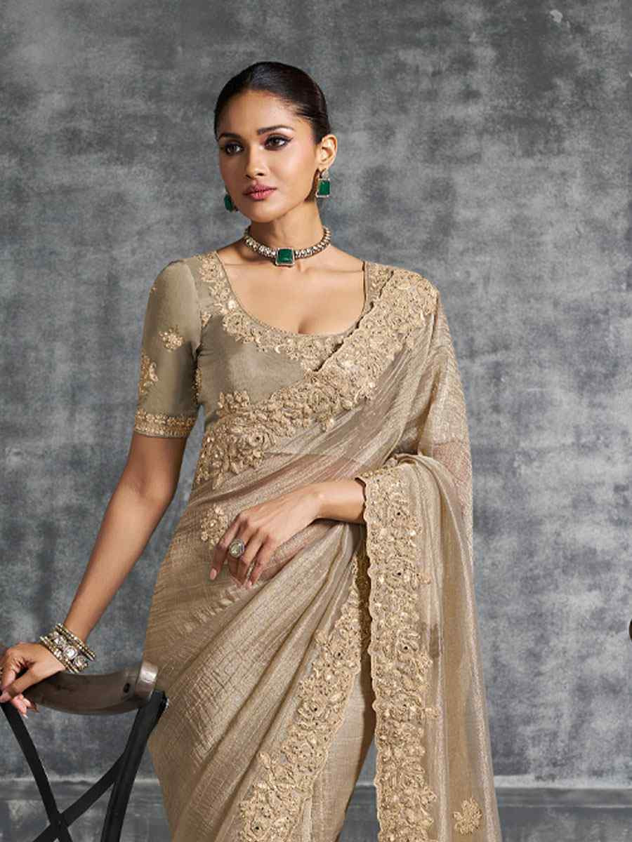Beige Premium Tissue Silk Embroidery Traditional Casual Reception Festival Wedding Fancy Heavy Border Saree