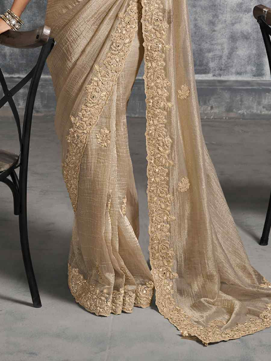 Beige Premium Tissue Silk Embroidery Traditional Casual Reception Festival Wedding Fancy Heavy Border Saree