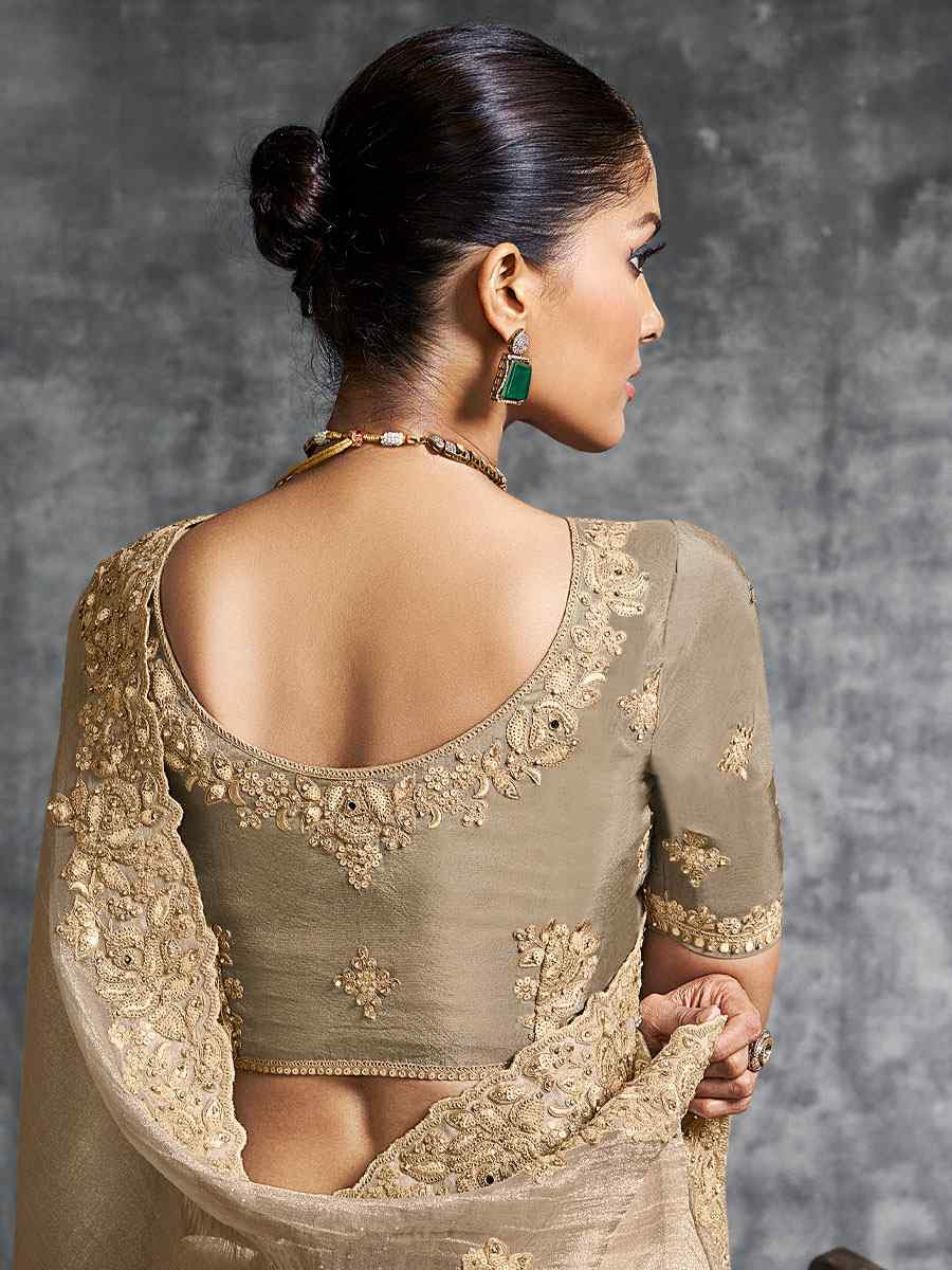 Beige Premium Tissue Silk Embroidery Traditional Casual Reception Festival Wedding Fancy Heavy Border Saree