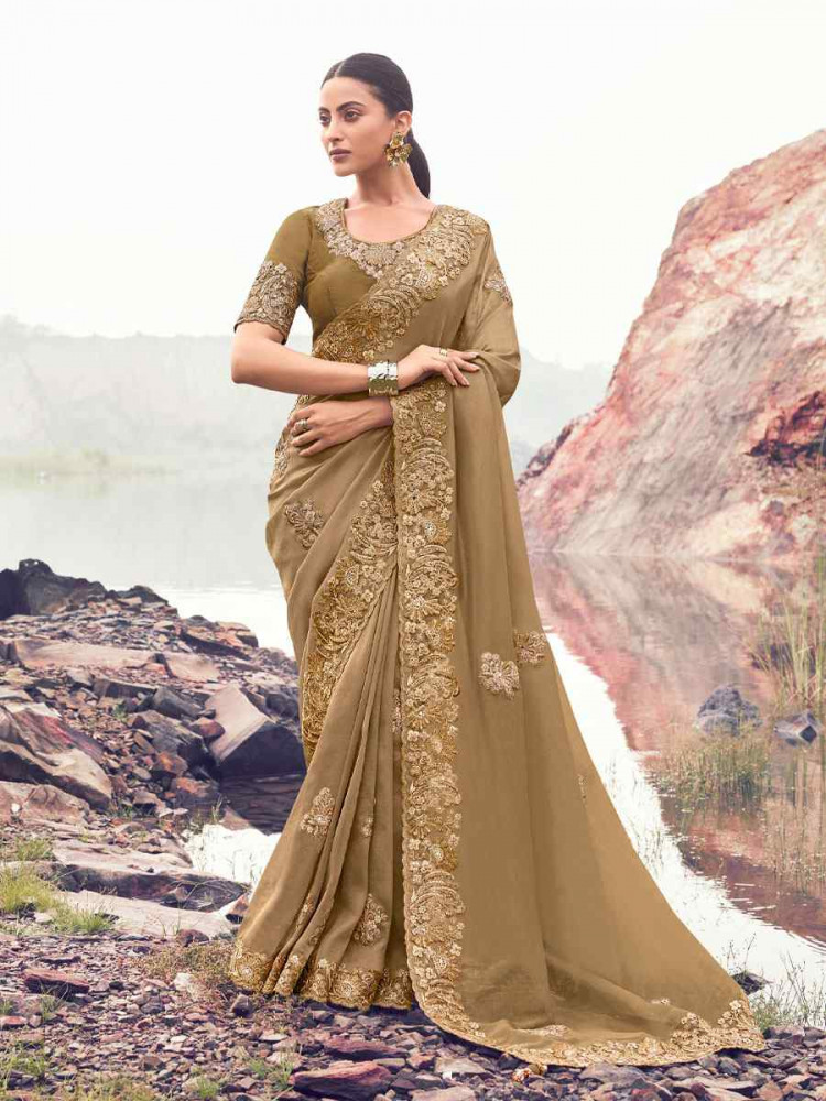 Image of Beige Pure Banarasi Silk Embroidery Bridal Reception Festival Wedding Fancy Heavy Border Saree