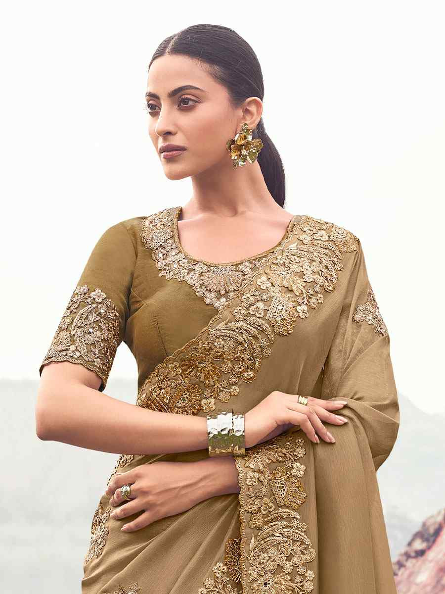 Beige Pure Banarasi Silk Embroidery Bridal Reception Festival Wedding Fancy Heavy Border Saree