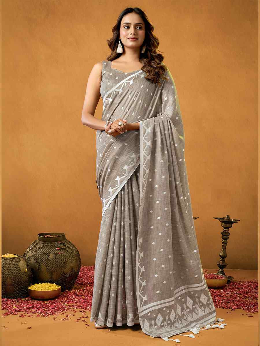 Beige Pure Cotton Handwoven Festival Wedding Fancy Heavy Border Saree