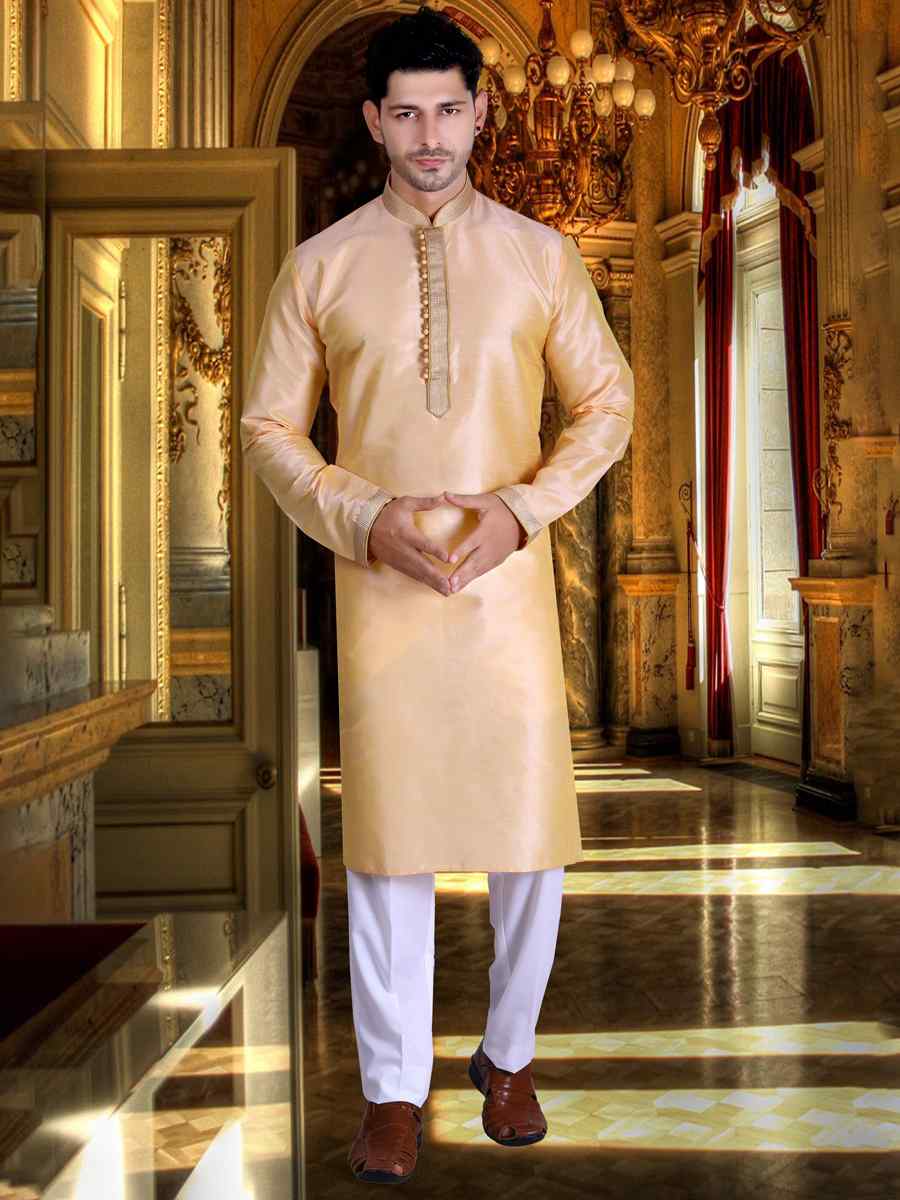 Beige Pure Cotton Jacquard Woven Festival Kurta