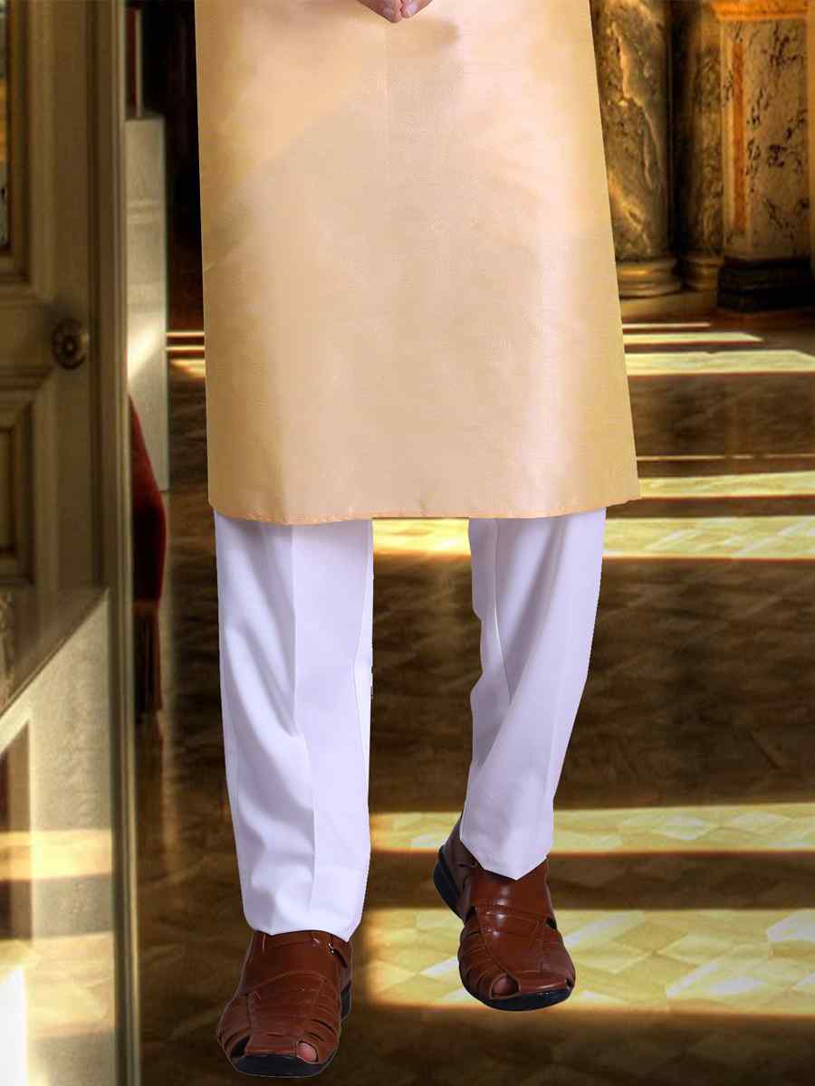 Beige Pure Cotton Jacquard Woven Festival Kurta