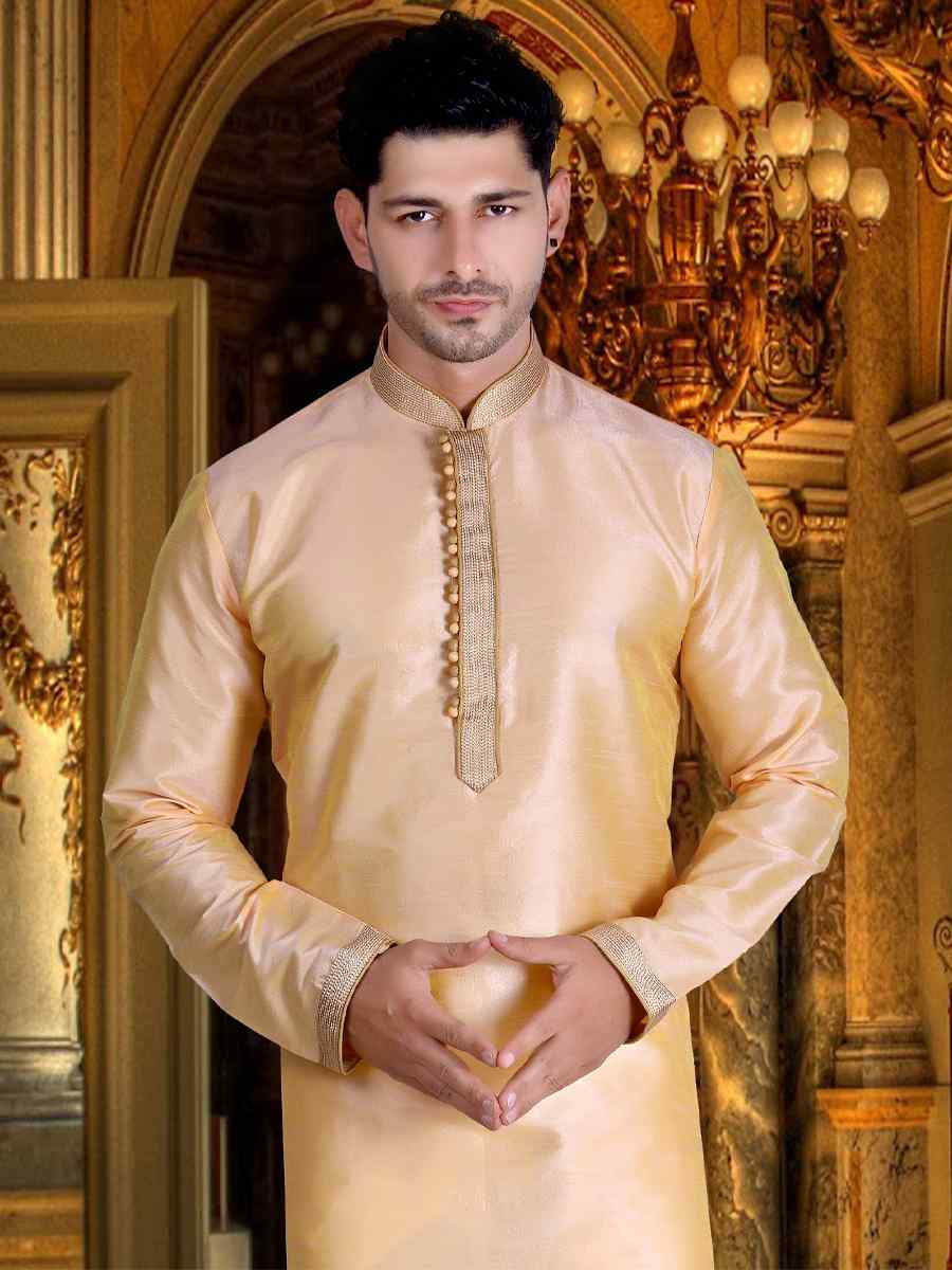 Beige Pure Cotton Jacquard Woven Festival Kurta