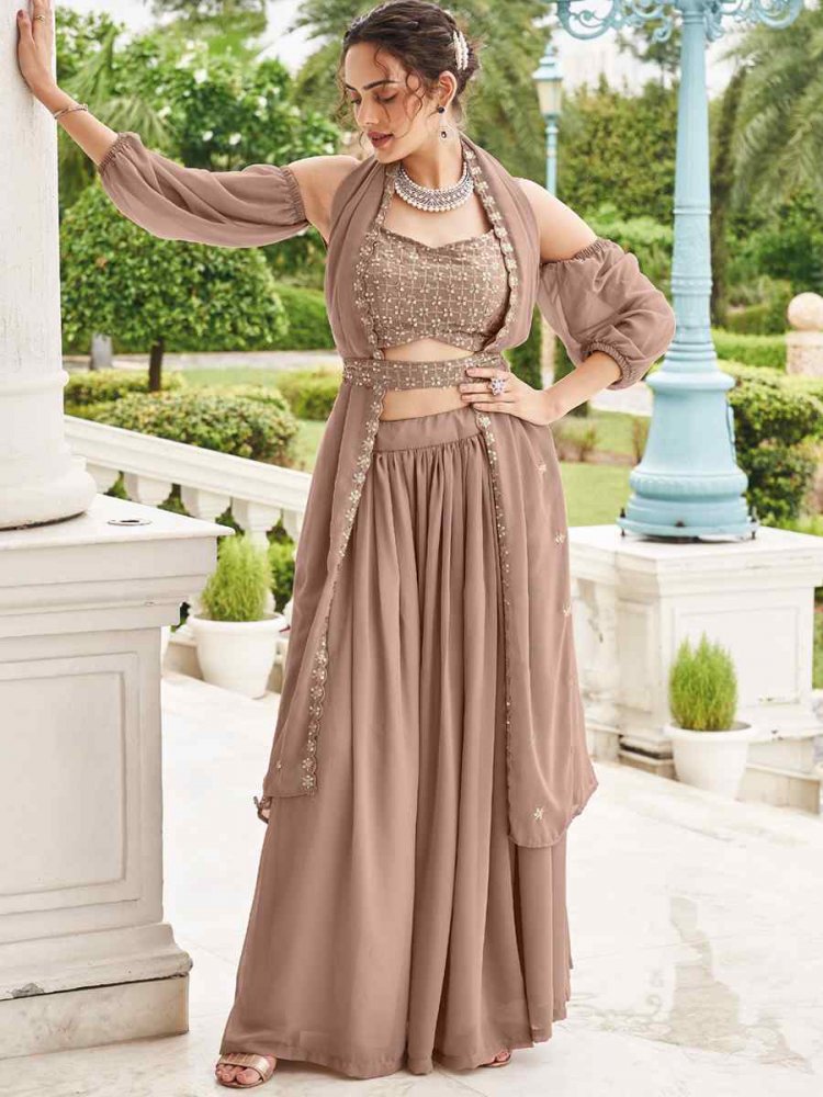 Beige Pure Faux Georgette Embroidered Party Wear Wedding Circular Lehenga Choli