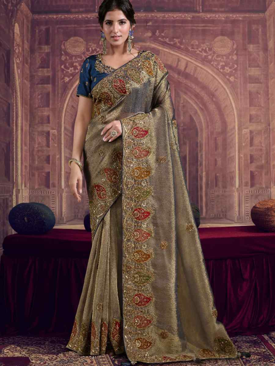 Beige Pure Georgette Zari Organza Silk Embroidery Bridal Reception Festival Wedding Fancy Heavy Border Saree