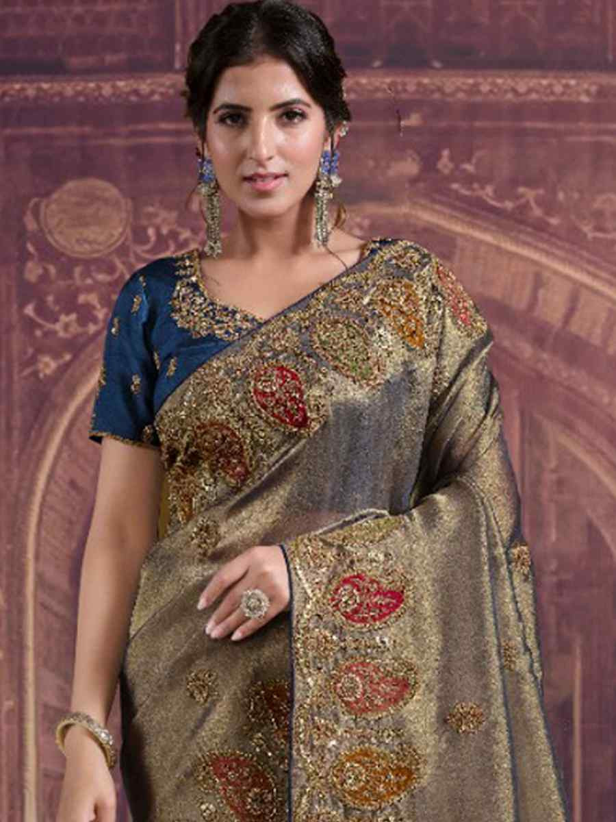 Beige Pure Georgette Zari Organza Silk Embroidery Bridal Reception Festival Wedding Fancy Heavy Border Saree