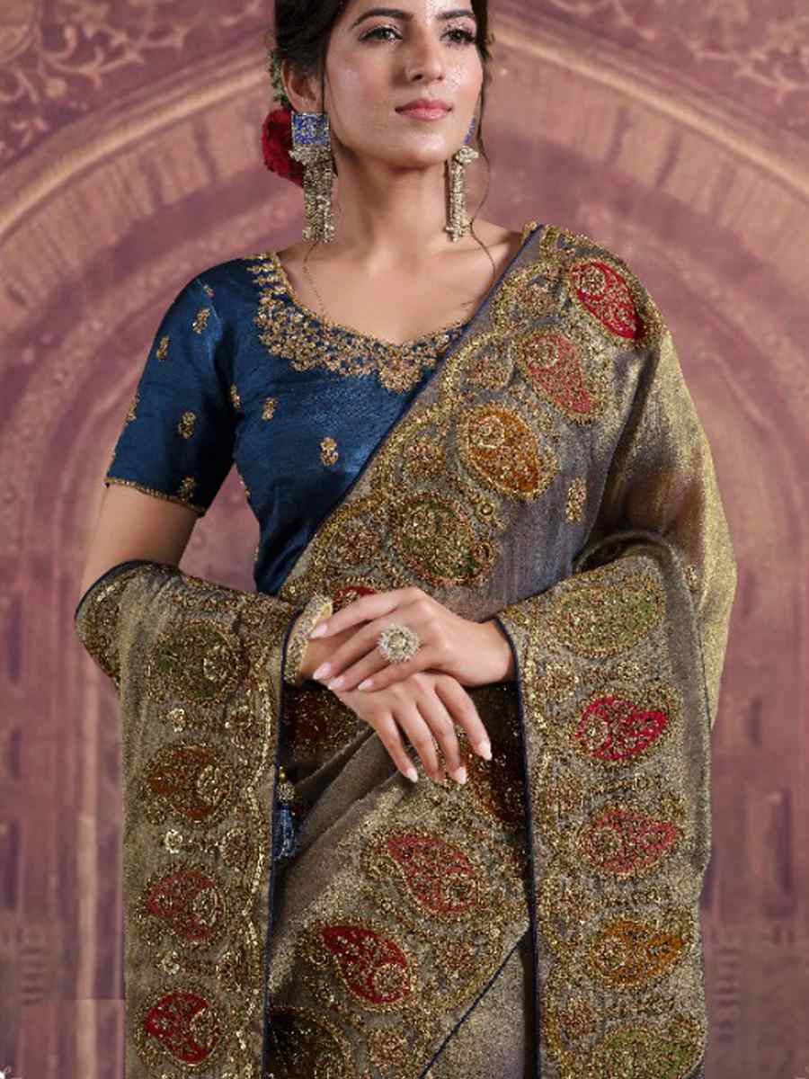 Beige Pure Georgette Zari Organza Silk Embroidery Bridal Reception Festival Wedding Fancy Heavy Border Saree