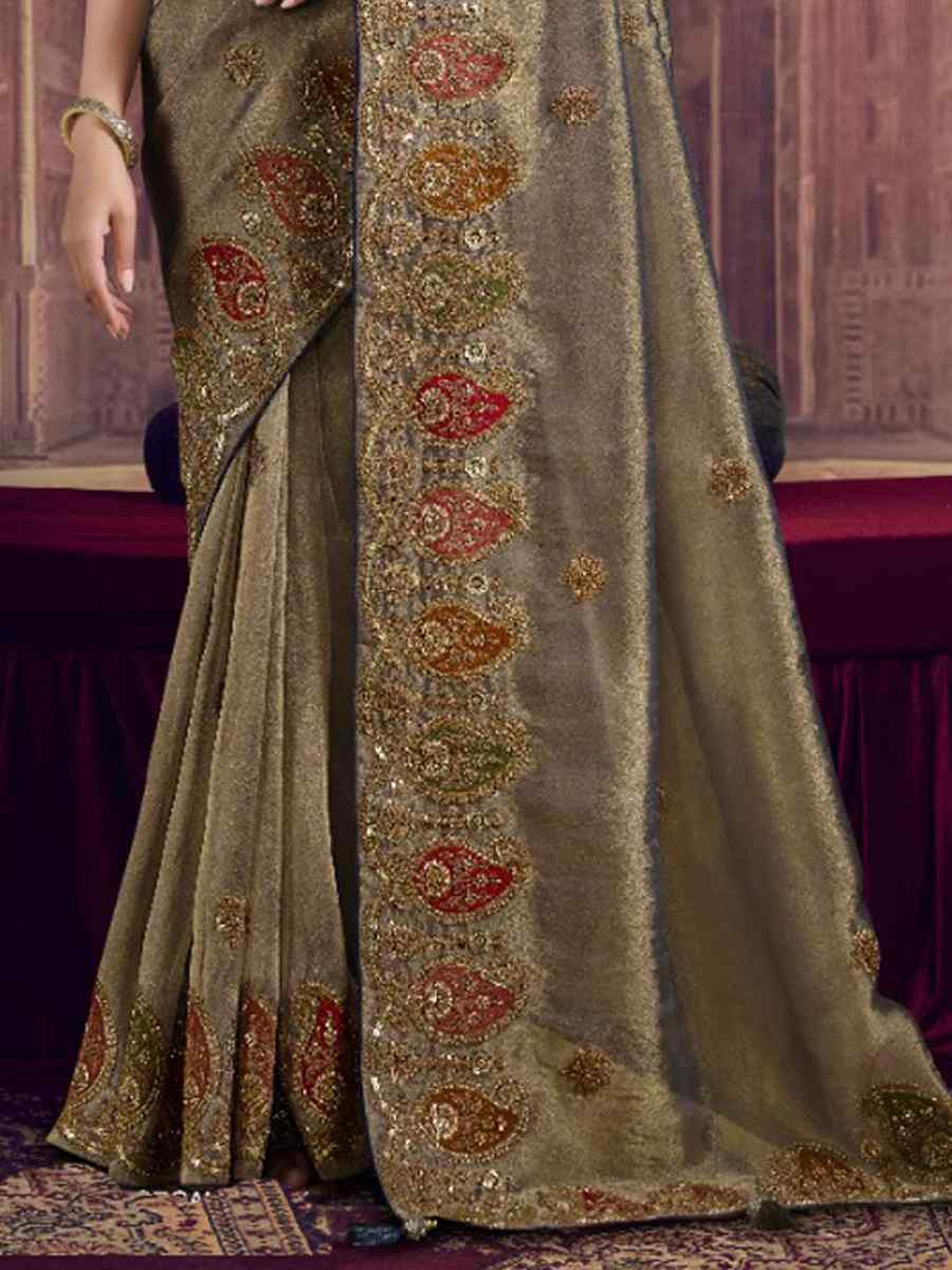 Beige Pure Georgette Zari Organza Silk Embroidery Bridal Reception Festival Wedding Fancy Heavy Border Saree