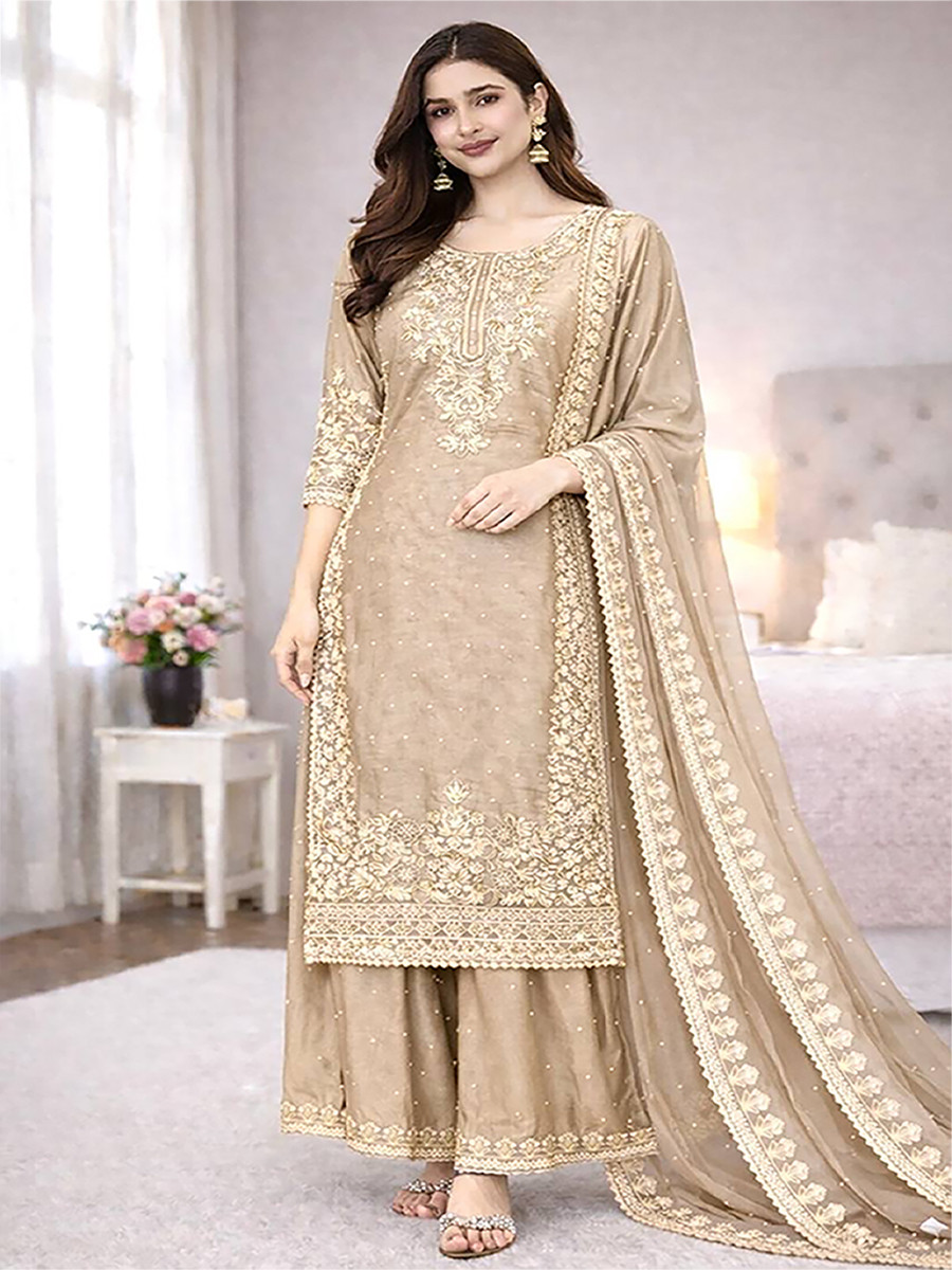 Beige Pure Gmy Silk Embroidery Sequins Stone Work Wedding Party Festival Ready Palazzo Pant Salwar Kameez
