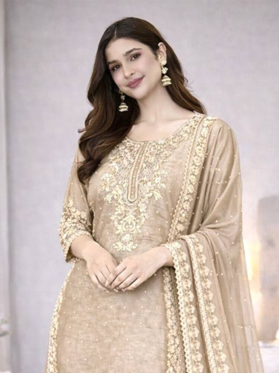 Beige Pure Gmy Silk Embroidery Sequins Stone Work Wedding Party Festival Ready Palazzo Pant Salwar Kameez