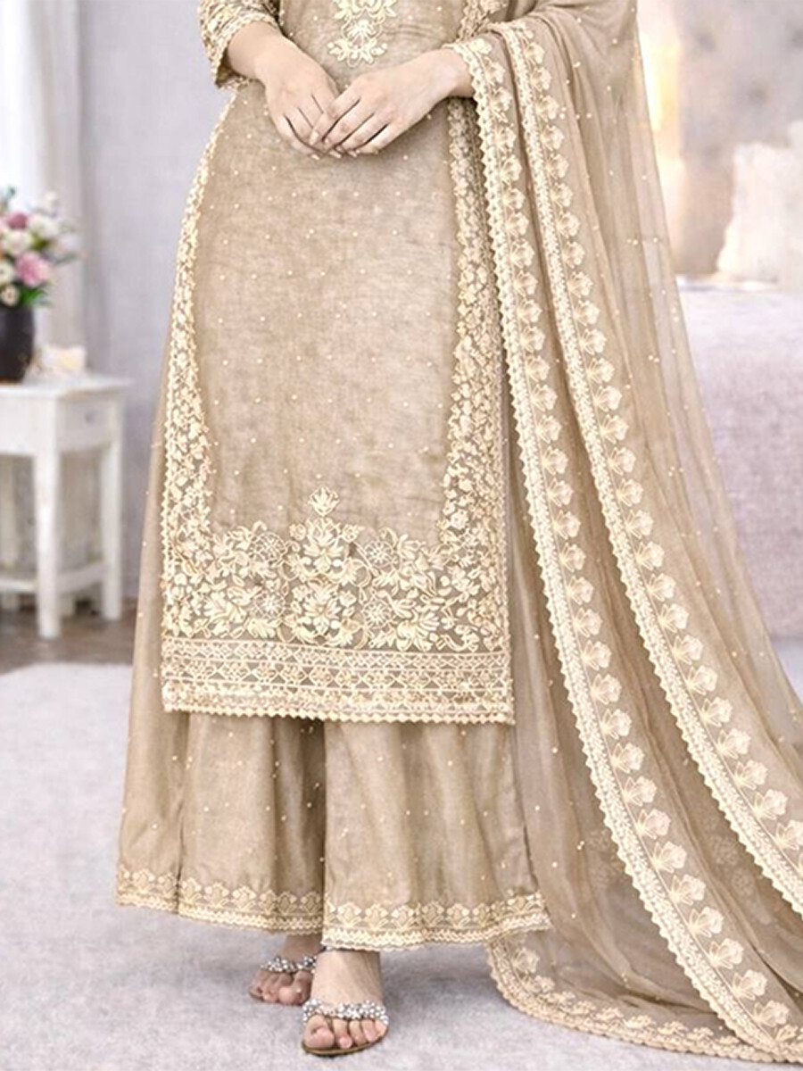 Beige Pure Gmy Silk Embroidery Sequins Stone Work Wedding Party Festival Ready Palazzo Pant Salwar Kameez