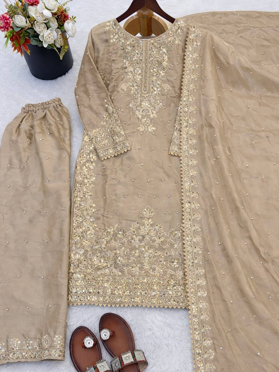 Beige Pure Gmy Silk Embroidery Sequins Stone Work Wedding Party Festival Ready Palazzo Pant Salwar Kameez
