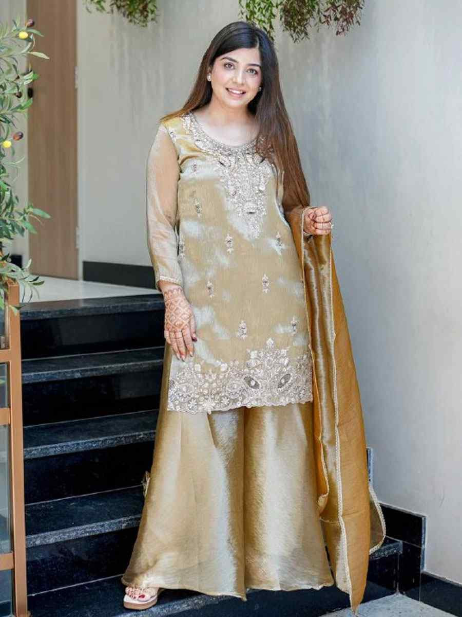 Beige Pure Jimmy Choo Silk Embroidery Party Wedding Festival Casual Ready Palazzo Pant Salwar Kameez