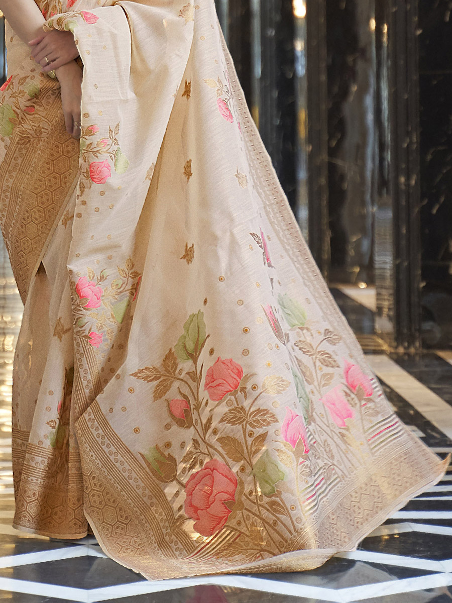 Beige Pure Linen Handwoven Wedding Festival Heavy Border Saree