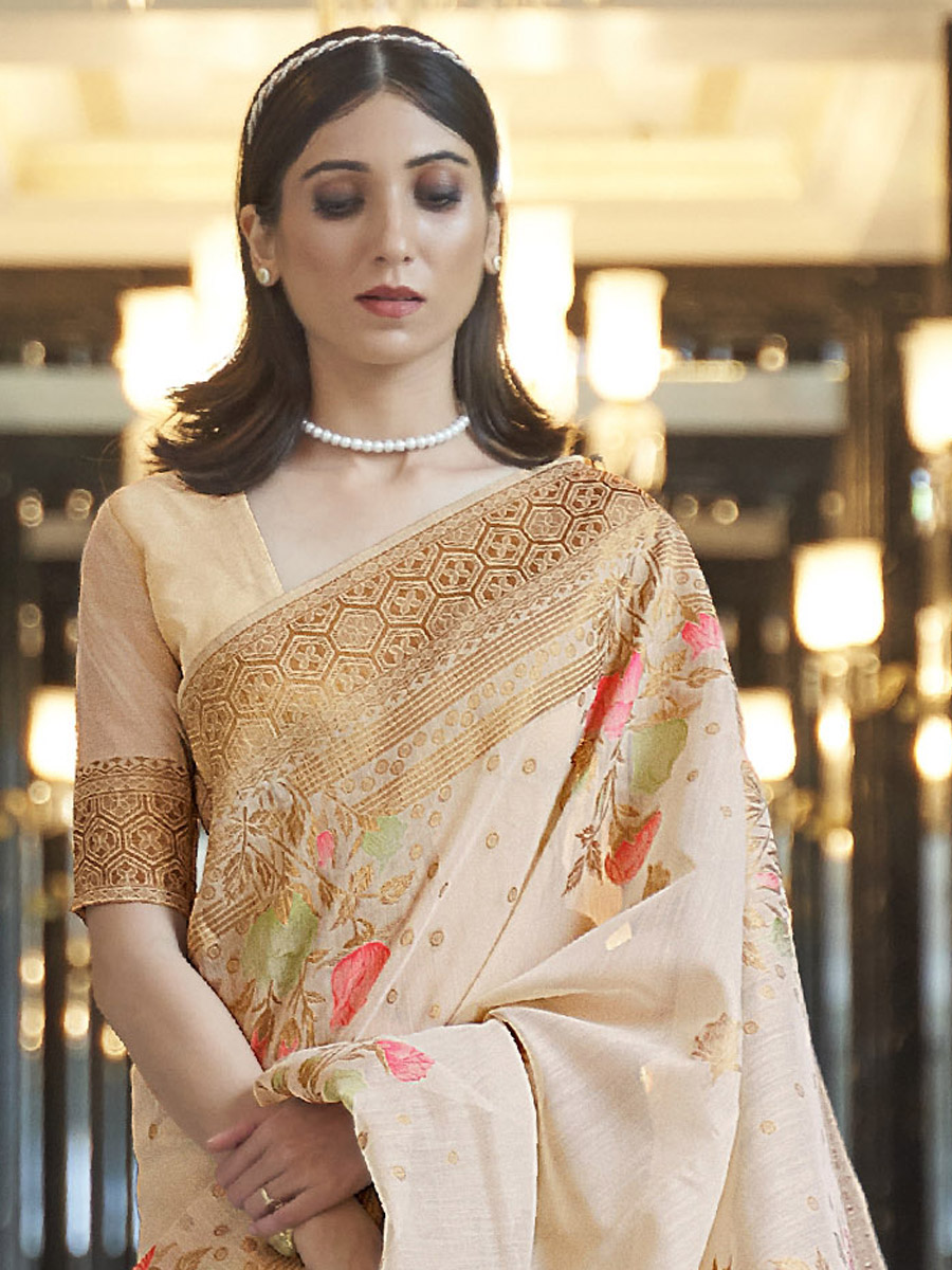 Beige Pure Linen Handwoven Wedding Festival Heavy Border Saree