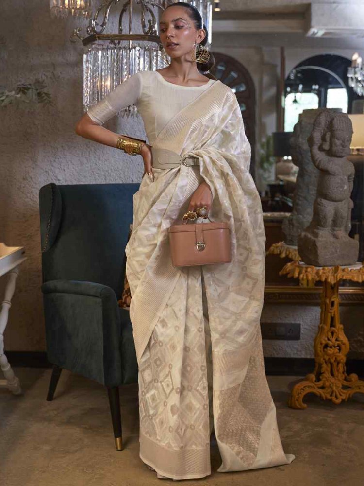 Beige Pure Linen Handwoven Wedding Festival Heavy Border Saree