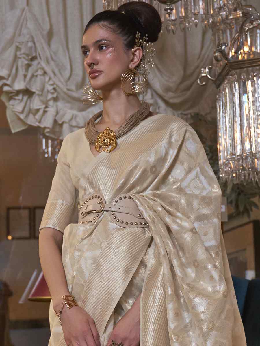 Beige Pure Linen Handwoven Wedding Festival Heavy Border Saree