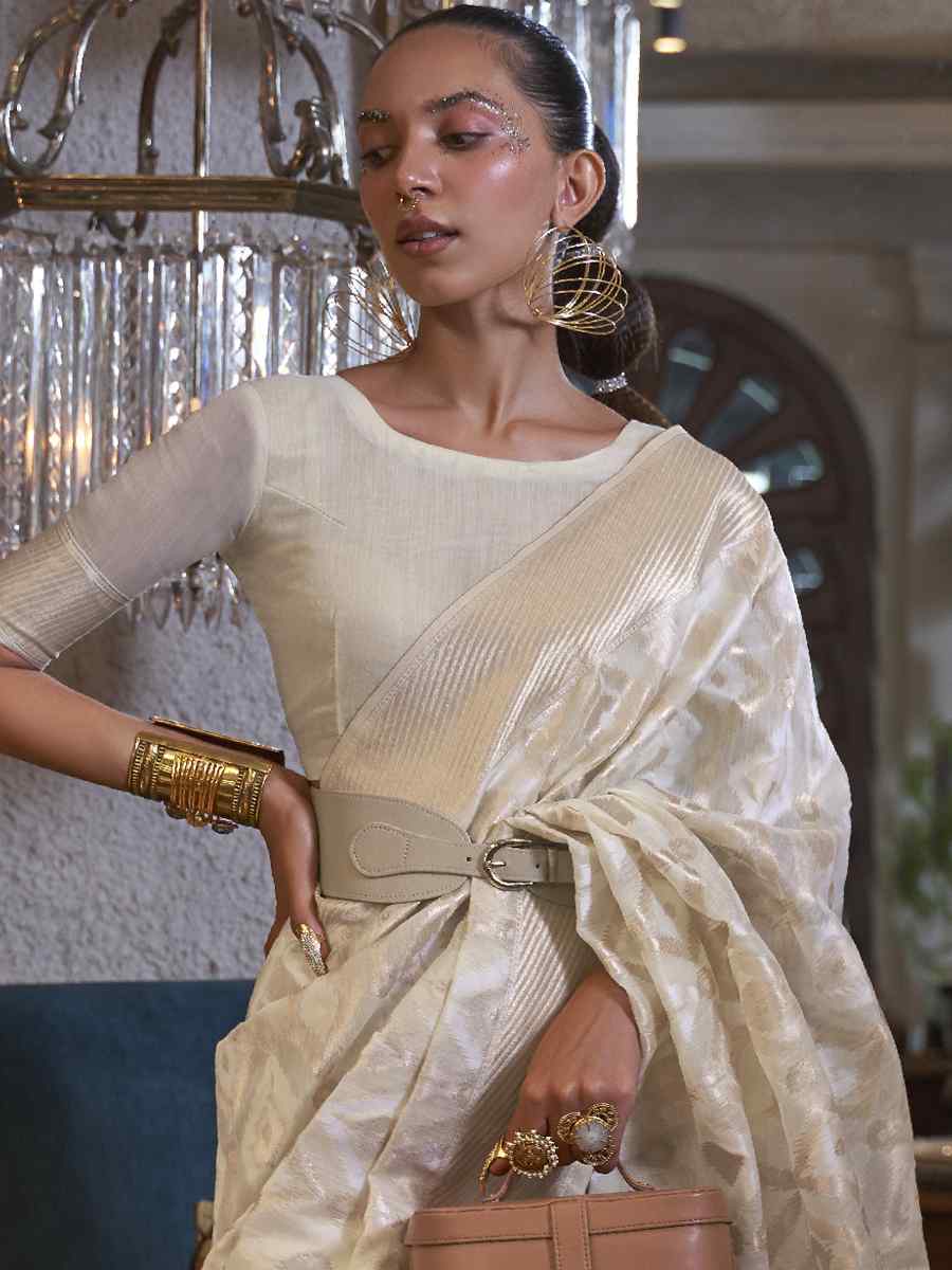 Beige Pure Linen Handwoven Wedding Festival Heavy Border Saree