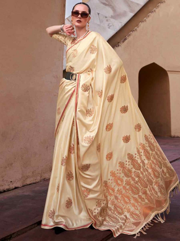 Beige Pure Satin Silk Handwoven Wedding Festival Classic Style Saree