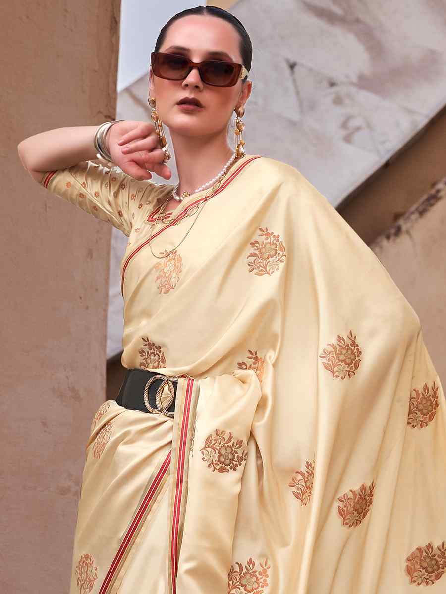 Beige Pure Satin Silk Handwoven Wedding Festival Classic Style Saree