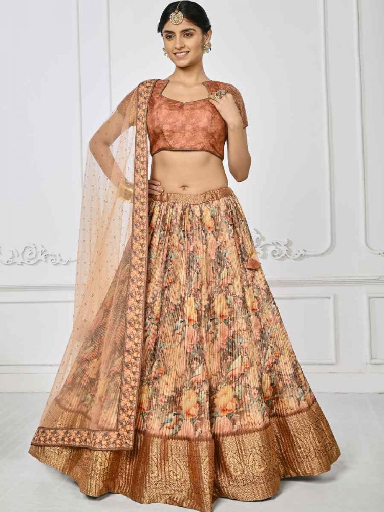 Beige Pure Silk Embroidered Mehendi Festival Circular Lehenga Choli