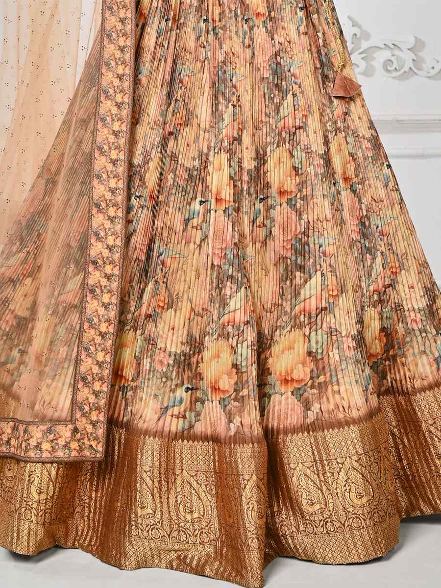 Beige Pure Silk Embroidered Mehendi Festival Circular Lehenga Choli