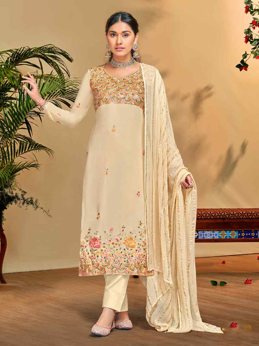 Beige Pure Visvos Bemberg Georgette Embroidered Festival Wedding Pant Salwar Kameez