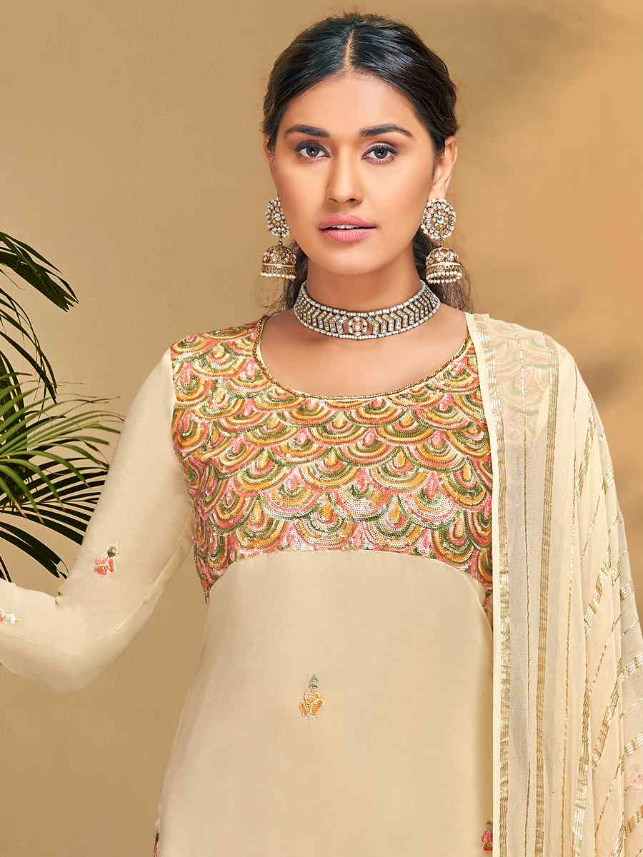 Beige Pure Visvos Bemberg Georgette Embroidered Festival Wedding Pant Salwar Kameez