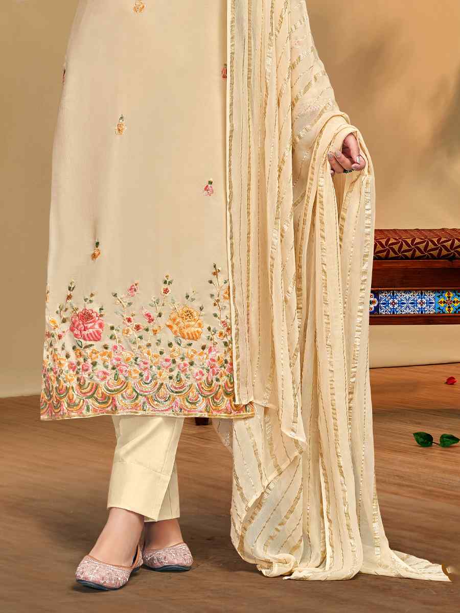 Beige Pure Visvos Bemberg Georgette Embroidered Festival Wedding Pant Salwar Kameez
