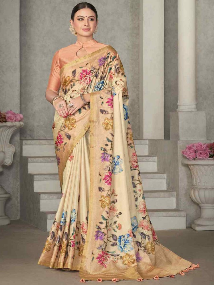 Beige Rangkat Tussar Silk Embroidered Party Festival Classic Style Saree