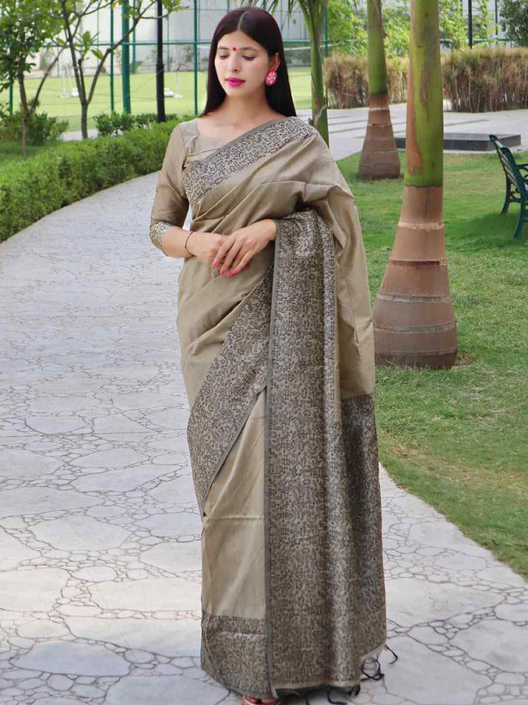 Image of Beige Raw Silk Printed Festival Wedding Fancy Heavy Border Saree