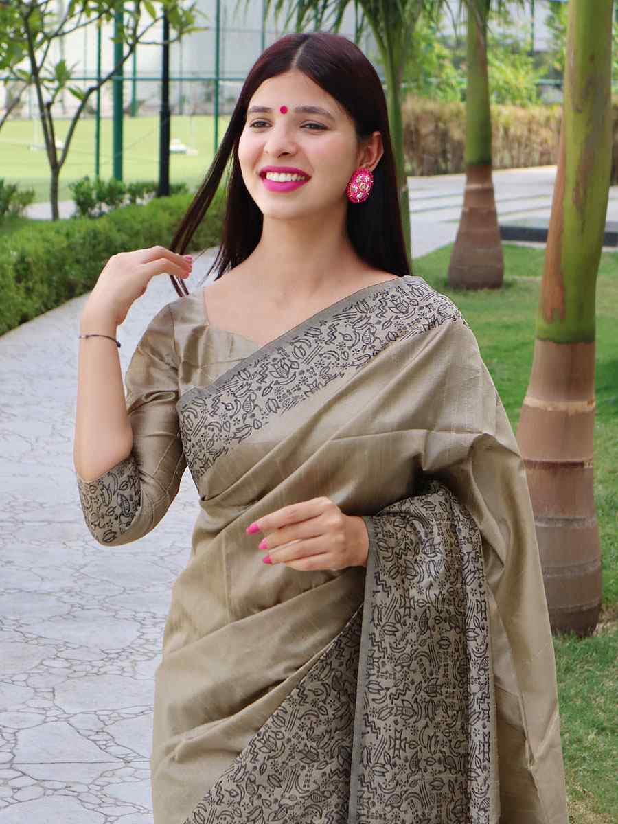 Beige Raw Silk Printed Festival Wedding Fancy Heavy Border Saree